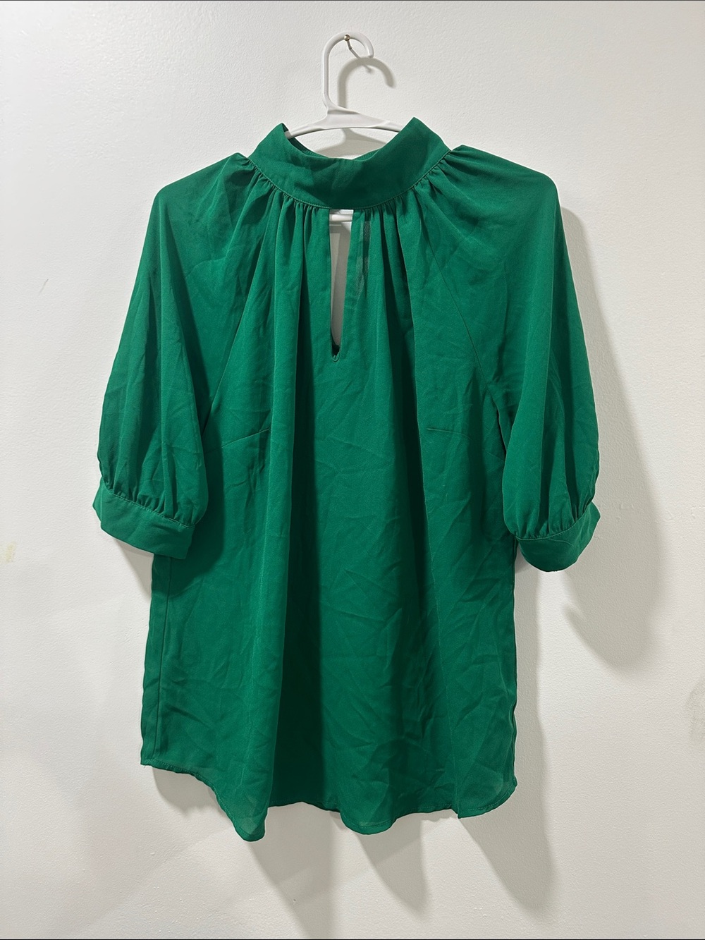 Emerald Keyhole Neck Puff-Sleeve Blouse